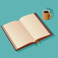 Open Book With Blank Pages, Tea Mug Element On Turquoise Background. vector