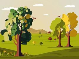 Vector Spring Nature Landscape Background With Mountains, Trees And Flying Birds.