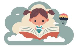 linda niña personaje con abierto libro, caliente aire globo en gris y blanco nubes antecedentes. vector