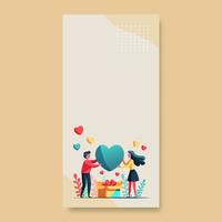 contento San Valentín día concepto con joven chico y niña personaje con vistoso corazones, globos regalo caja, hojas en beige antecedentes y Copiar espacio. vector