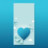 Pastel Blue Paper Heart Shapes And Clouds Decorated Background With Space For Text Or Image. vector