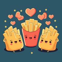 gracioso francés papas fritas personaje y corazones decorado en azul antecedentes. contento San Valentín día concepto. vector