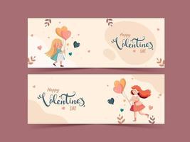 Happy Valentine's Day Banner or Header Design With Cute Girl Character Holding Heart Balloons In Two Option. vector