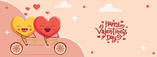 contento San Valentín día bandera diseño con alegre corazón Pareja personaje montando en tándem bicicleta en contra melocotón antecedentes. vector