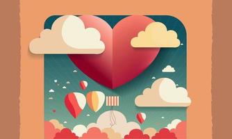 Beautiful Red Paper Heart Shape Balloon, With Rays, Colorful Clouds Background For Love Or Valentine Concept. vector