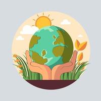 ilustración de humano manos proteger tierra globo con césped, flores, Dom en melocotón y gris antecedentes. vector