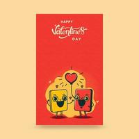 Happy Valentine's Day Vertical Banner With Funny Smartphone Couple Cheering On Yellow And Red Background. vector