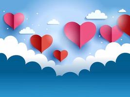 Love Or Valentine Concept With Red And Pink Paper Hearts On Blue Cloudscape Background. vector