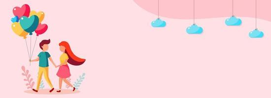 Walking Boy Holding Heart Balloons With Partner Hand, Hanging Clouds, Leaves on Pastel Pink Background And Copy Space. Happy Valentine's Day Concept. vector