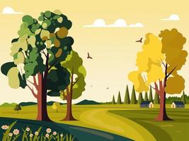 naturaleza paisaje antecedentes con árboles, volador aves y cabaña ilustración. vector