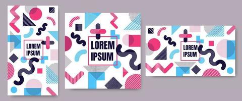 3 Geometric background with geometric line shapes pattern with trendy Memphis fashion style 80s-90s template in colorful vibrant colors isolated on white background set. vector