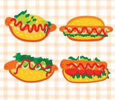 Set of four hot dogs grilled sausages, lettuce, condiments and buns vector