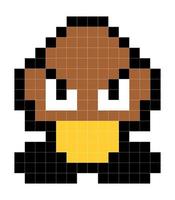 Brown evil hero of super mario game. Pixel hero video game 90s vector