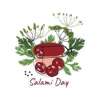 Part and sliced sausage with natural herbs, dill and parsley. Salami day. Manual drawing of a flat vector illustration. For labels, stickers, web design, advertising,