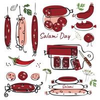 Sausage set. Salami day. Manual drawing of a flat vector illustration. For labels, stickers, web design, advertising of sausage products
