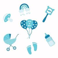 Baby shower design elements. It's a boy. Toys and newborn items. vector
