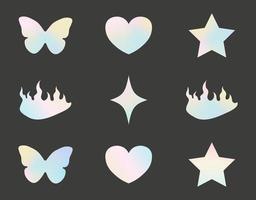 y2k trendy gradient stickers, butterfly, star, heart, 90s and 2000s style, nostalgia, glamorous, vector illustration