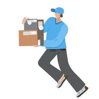 Delivery man in blue uniform carry a package boxes. Flat style. Delivery service vector