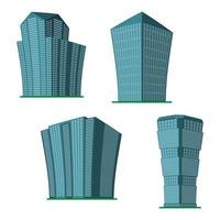 Set of four modern high-rise building on a white background. View of the building from the bottom. Isometric vector illustration.