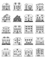 Set of twenty houses in thin line style on white background. Vector illustration.