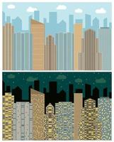 Street view with cityscape, skyscrapers and modern buildings in the day and night. Vector urban landscape illustration.