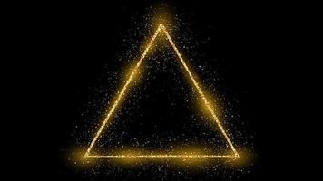 Golden triangle frame with glitter, sparkles and flares on dark background. Empty luxury backdrop. Vector illustration.