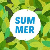 Background with summer leaves with inscription summer in the center. Vector illustration.