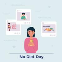 A woman browsing social media messages. Body acceptance, rejection of diets. No Diet Day vector