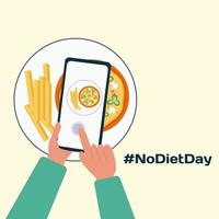 A character takes a photo of pizza food and posts it on a social network with the hashtag No Diet Day vector