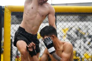 Mixed Martial Art, Jumping elbow kick into the opponent's face If it hits the full face There will be wounds and defeats. It is a kind of weapon of mixed martial arts. photo