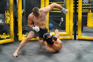 Mixed Martial Art, When the opponent is knocked down throwing fists into an opponent's face or body will cause the opponent to raise his hand to defend and not counterattack photo