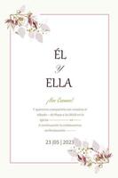 rectangular wedding invitation with outline and pretty flowers on the sides vector