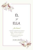 rectangular wedding invitation with outline and pretty flowers on the sides vector