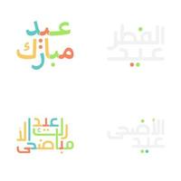 elegante eid Mubarak saludo tarjetas con moderno caligrafía vector