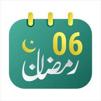6th Ramadan Icons Elegant Green Calendar with Golden Crescent Moon. English Text. and Arabic Calligraphy. vector