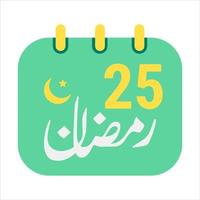 25th Ramadan Icons Elegant Green Calendar with Golden Crescent Moon. English Text. and Arabic Calligraphy. vector