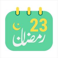 23 Ramadán íconos elegante verde calendario con dorado creciente Luna. Inglés texto. y Arábica caligrafía. vector