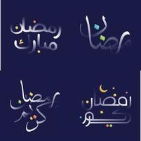 lustroso blanco Ramadán kareem caligrafía paquete con vistoso y juguetón diseño elementos vector