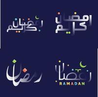 Stylish and Festive White Glossy Ramadan Kareem Calligraphy Set with Colorful Islamic Geometric Patterns vector