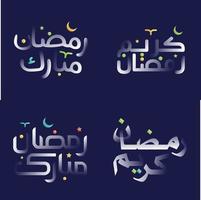 blanco lustroso Ramadán kareem caligrafía con juguetón diseño elementos y colores vector