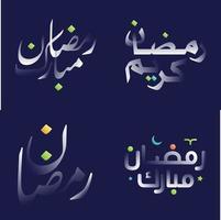celebrar Ramadán con esta blanco lustroso caligrafía paquete presentando vistoso islámico diseño elementos vector