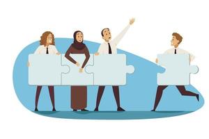 Partnership, teamwork, business concept. Young group of multiethnic businessmen women managers partners cooperate collaborate connecting jugsaw puzzles together. Team building coworking illustration. vector