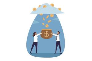 Teamwork, business, currency mining concept. Team of businessman woman managers workers entrepreneurs catching coins rain falling from sky. Cryptocurrency earning and financial commerce illustration. vector