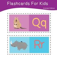 Animal alphabet flashcard. Educational printable flashcard. Vector illustrations.