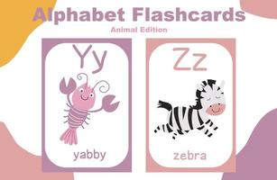 Animal alphabet flashcard. Educational printable flashcard. Vector illustrations.