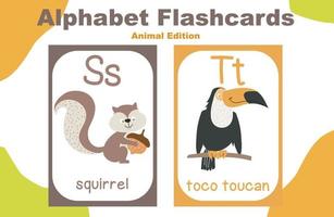 Animal alphabet flashcard. Educational printable flashcard. Vector illustrations.