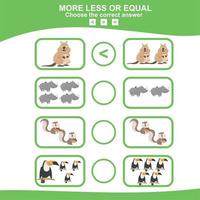 Math educational game for children. Choose more, less or equal game. Educational printable math worksheet. Vector illustration.