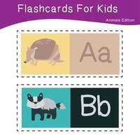 Animal alphabet flashcard. Educational printable flashcard. Vector illustrations.