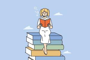 Smiling girl sit on stack of books reading. Happy child on pile of textbooks enjoy literature. Bookworm and education. Vector illustration.