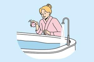 Happy woman in bathrobe throw bath bomb to bathtub. Smiling girl enjoy warm bath at home. Hygiene and beauty procedures. Vector illustration.